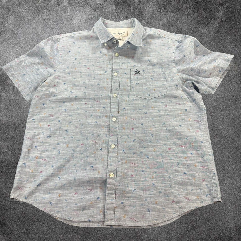 Original Penguin Shirt Mens Large Gray Button Up Short Sleeve Slim Fit Palm Tree